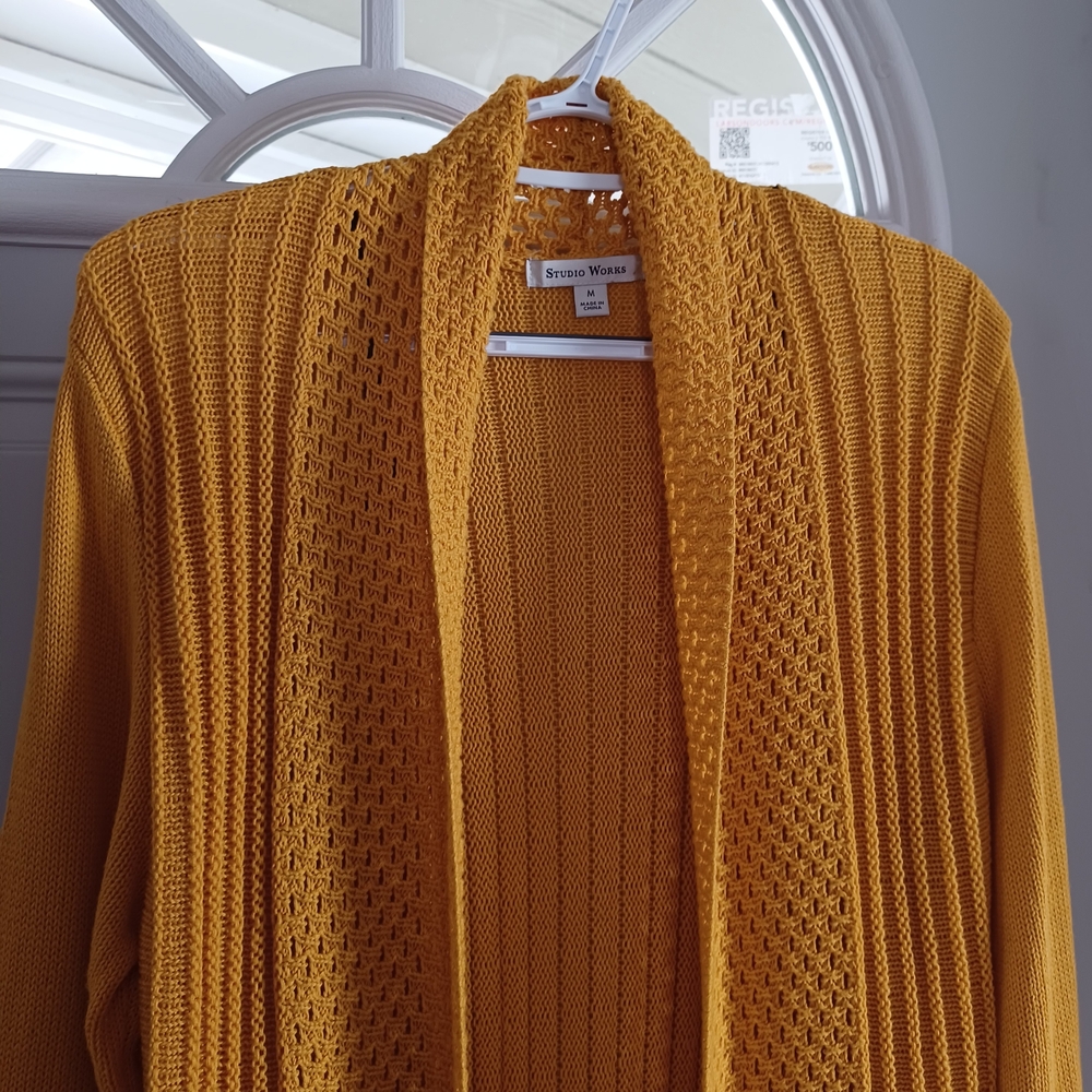Open-Front Knit Cardigan Sweater Mustard Yellow Size M Cozycore Autumn Boho Chic - Picture 3 of 16